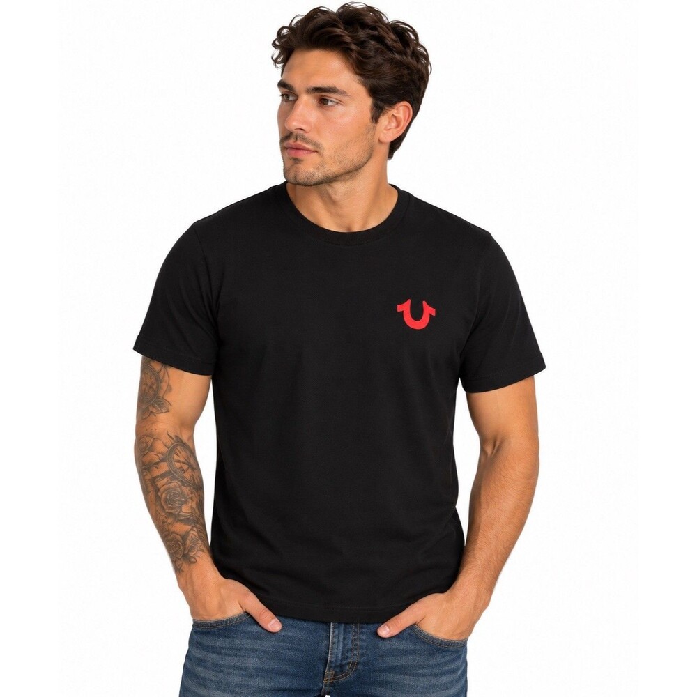 TRUE RELIGION JEAN Black BUDDHA T-Shirt Mens LARGE Horseshoe Short Sleeve